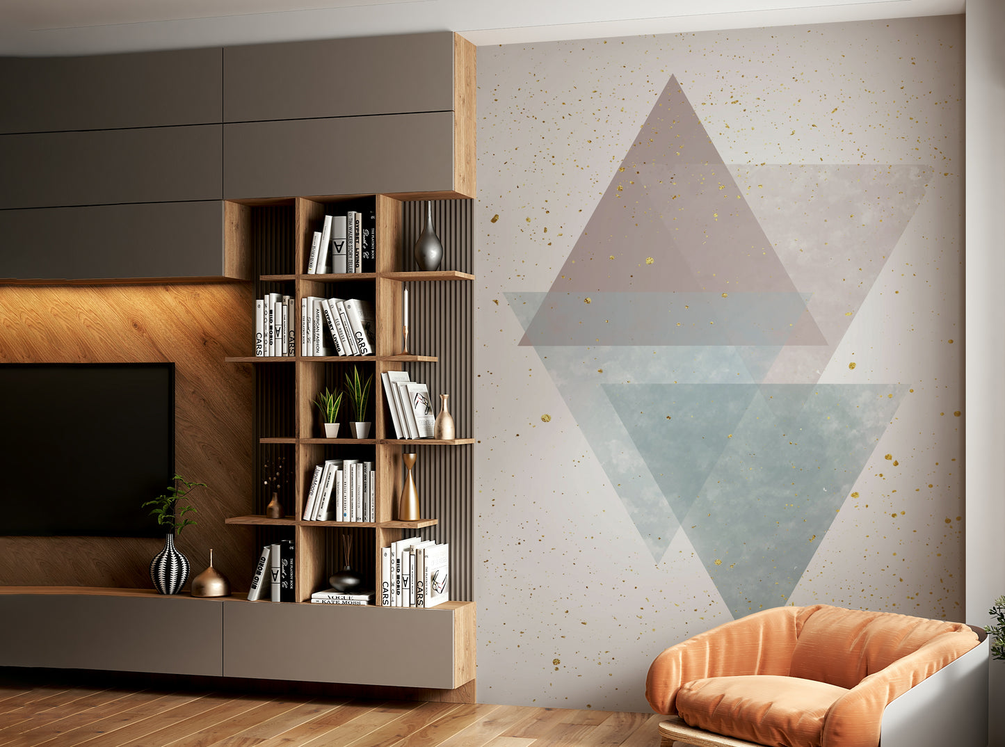 Neutral-toned mural with overlapping geometric forms

