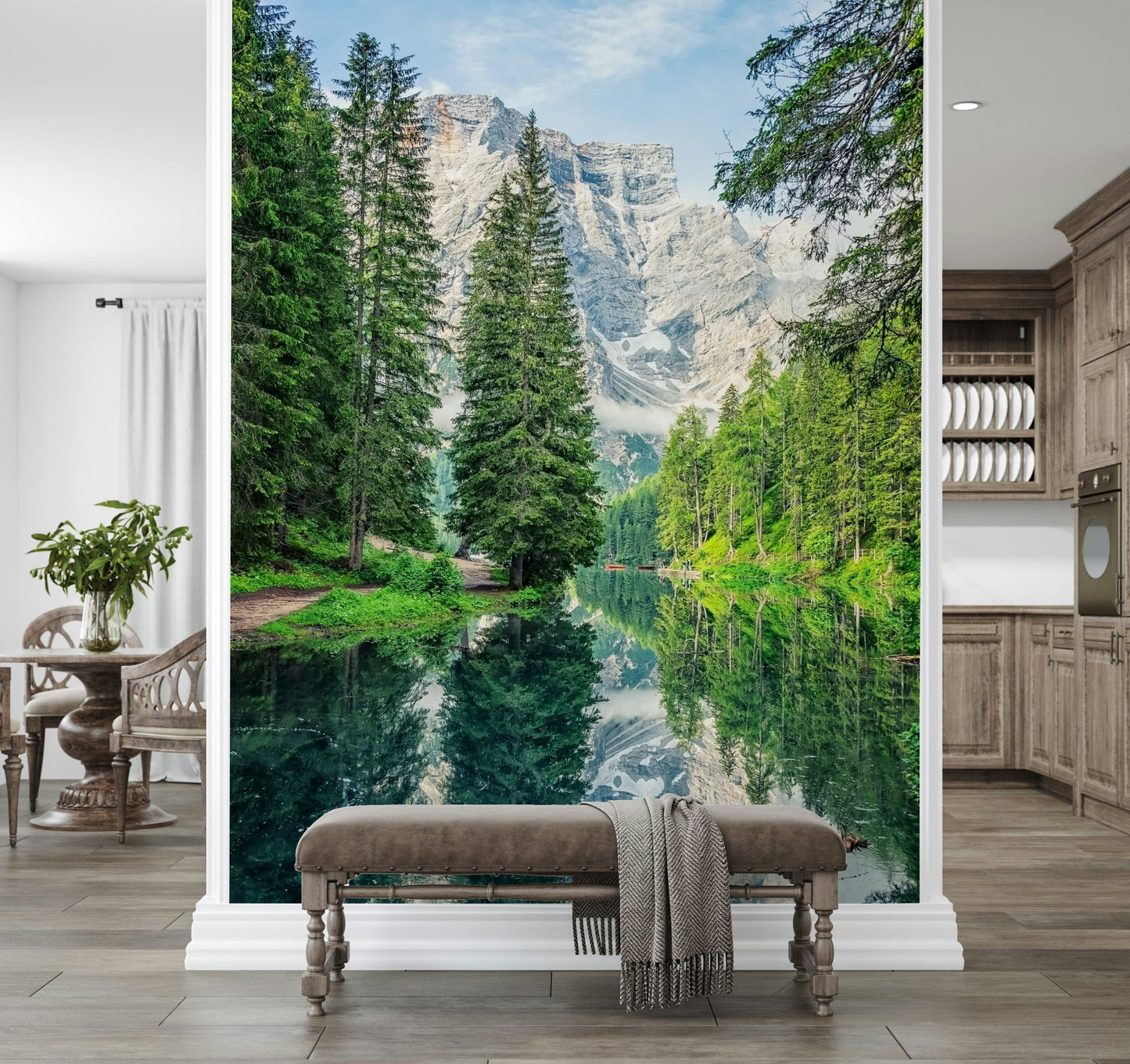 Alpine Lake Reflection scenery premium wall product towering pines.