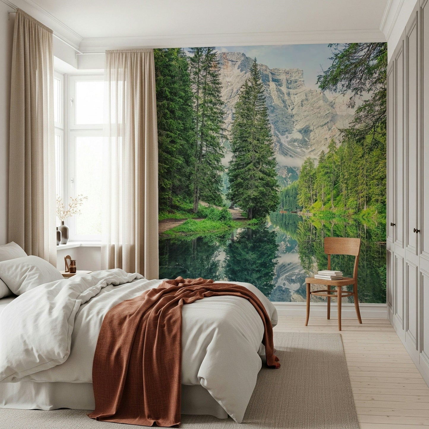 Alpine Lake Reflection wallpaper for walls verdant woods skyline picture.