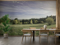 Lush green fields under a clear sky.

