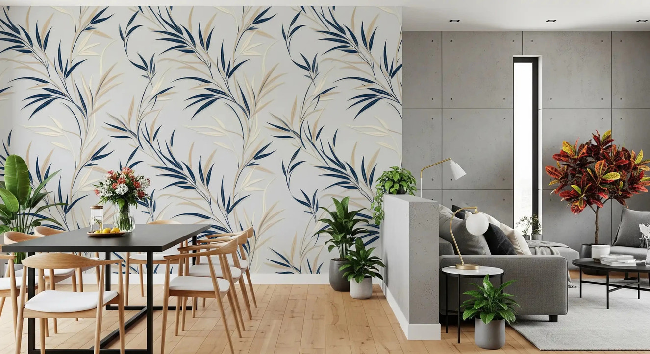 Serene Leaf Sway Wall Mural in a cozy Dining room, creating a tranquil atmosphere.