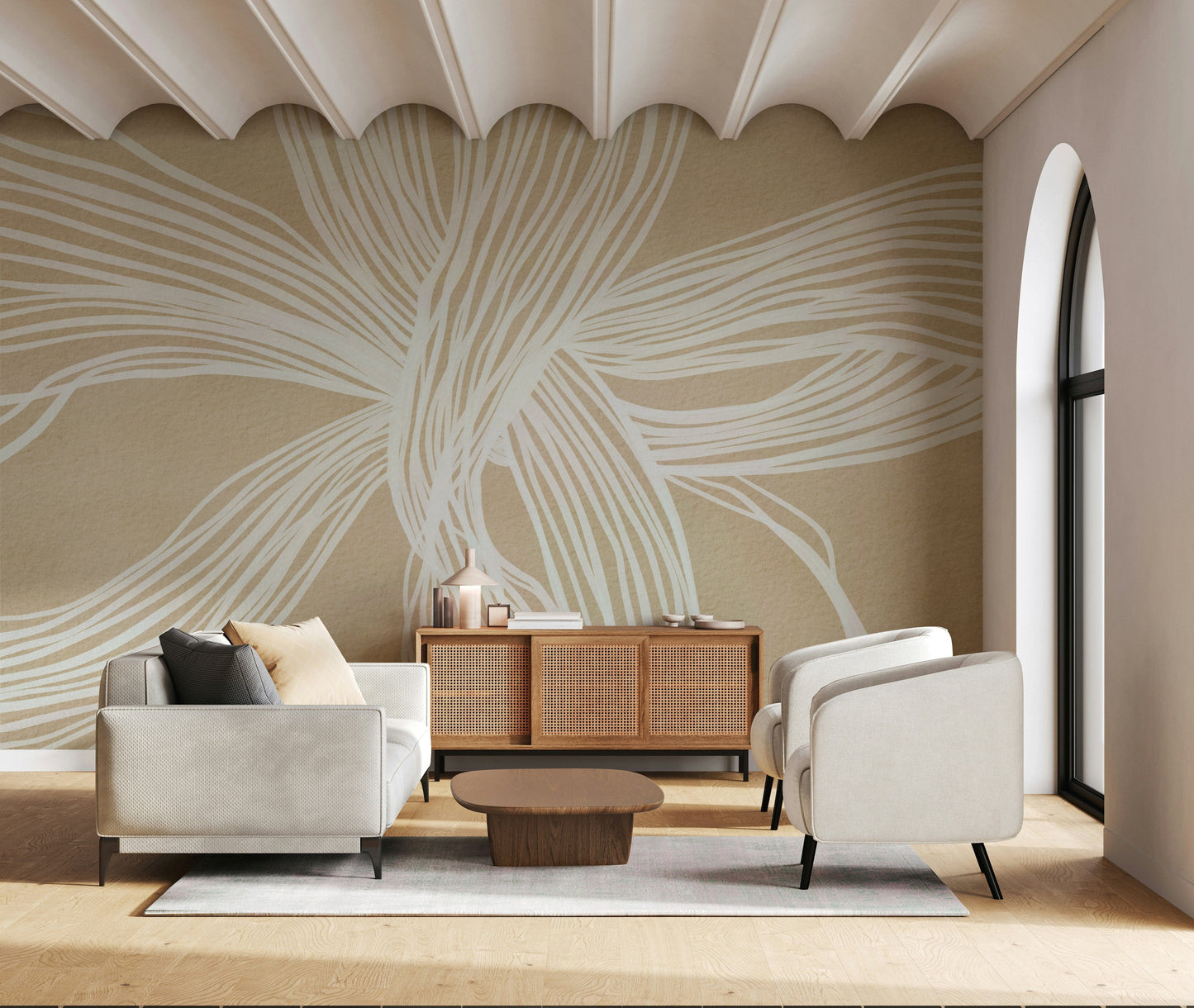 Artistic Flowing Lines wallcovering fine white threads textured sepia backdrop