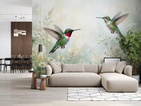 A peaceful meadow with a hummingbird and wildflowers, perfect for a Living room wall mural.