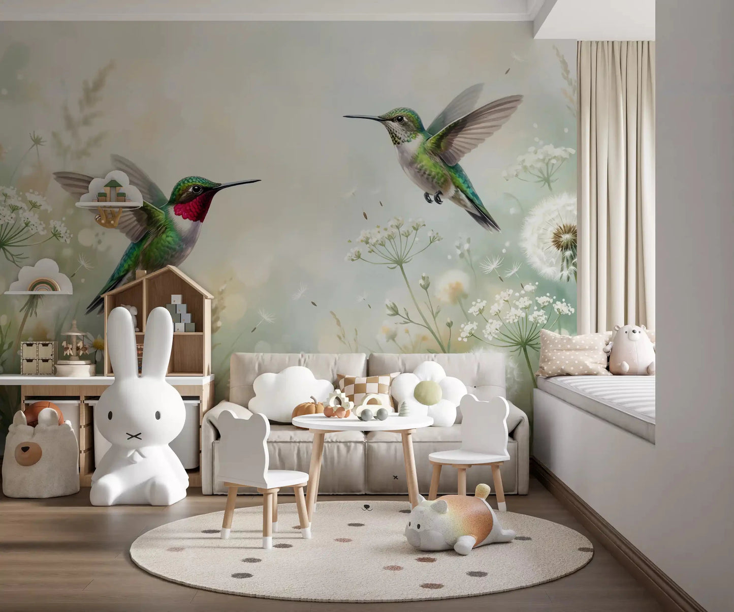 Lush greenery and a Serene Meadow flying hummingbird, perfect for a tranquil Kids room wall mural.