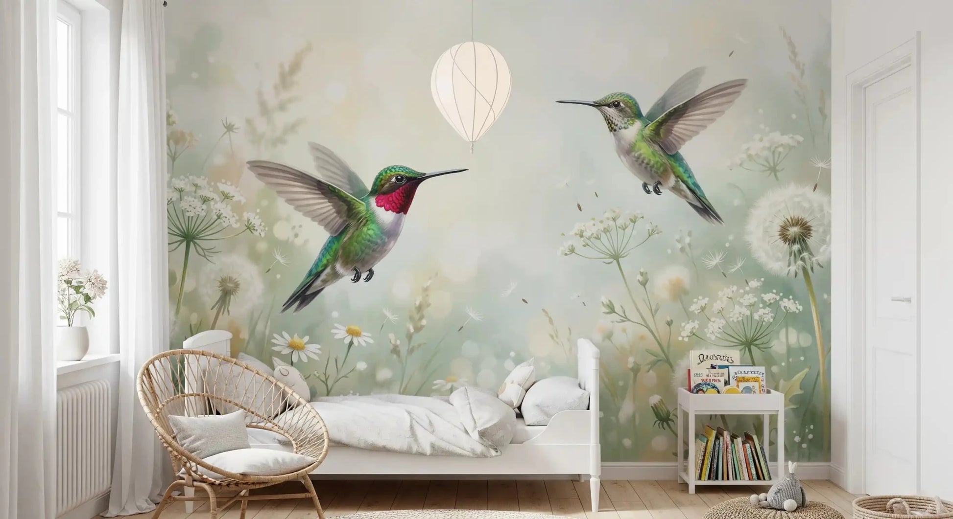 Gentle hummingbird soaring over delicate flowers, creating a serene vibe for your playroom wall mural.