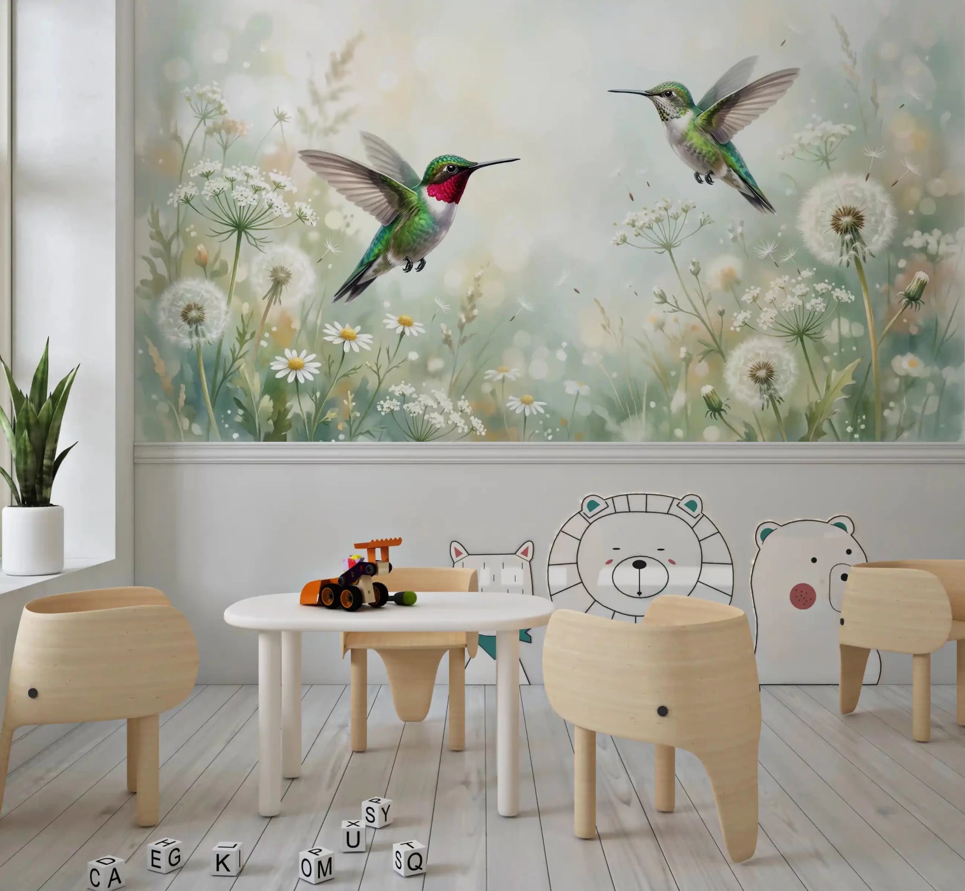 Vibrant hummingbird among dandelions, an ideal wall mural for a cozy nursery.