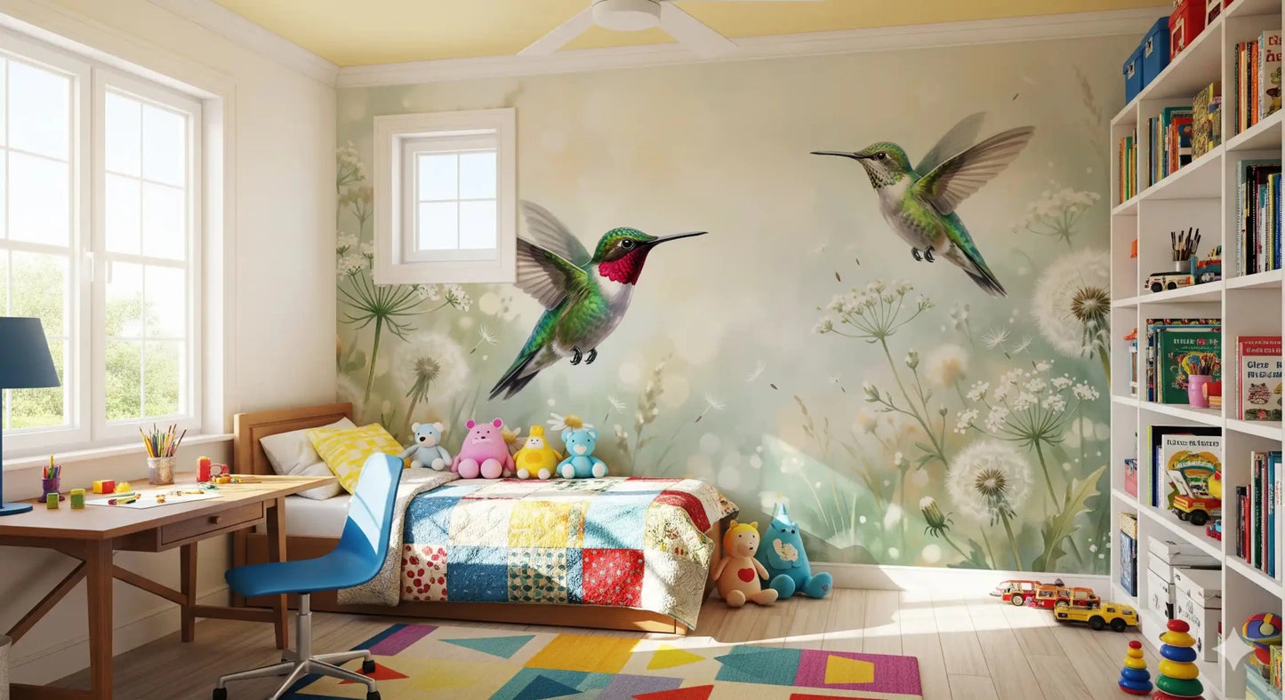 Soft, calming meadow scene with a hummingbird, perfect for a nursery or playroom wall mural.
