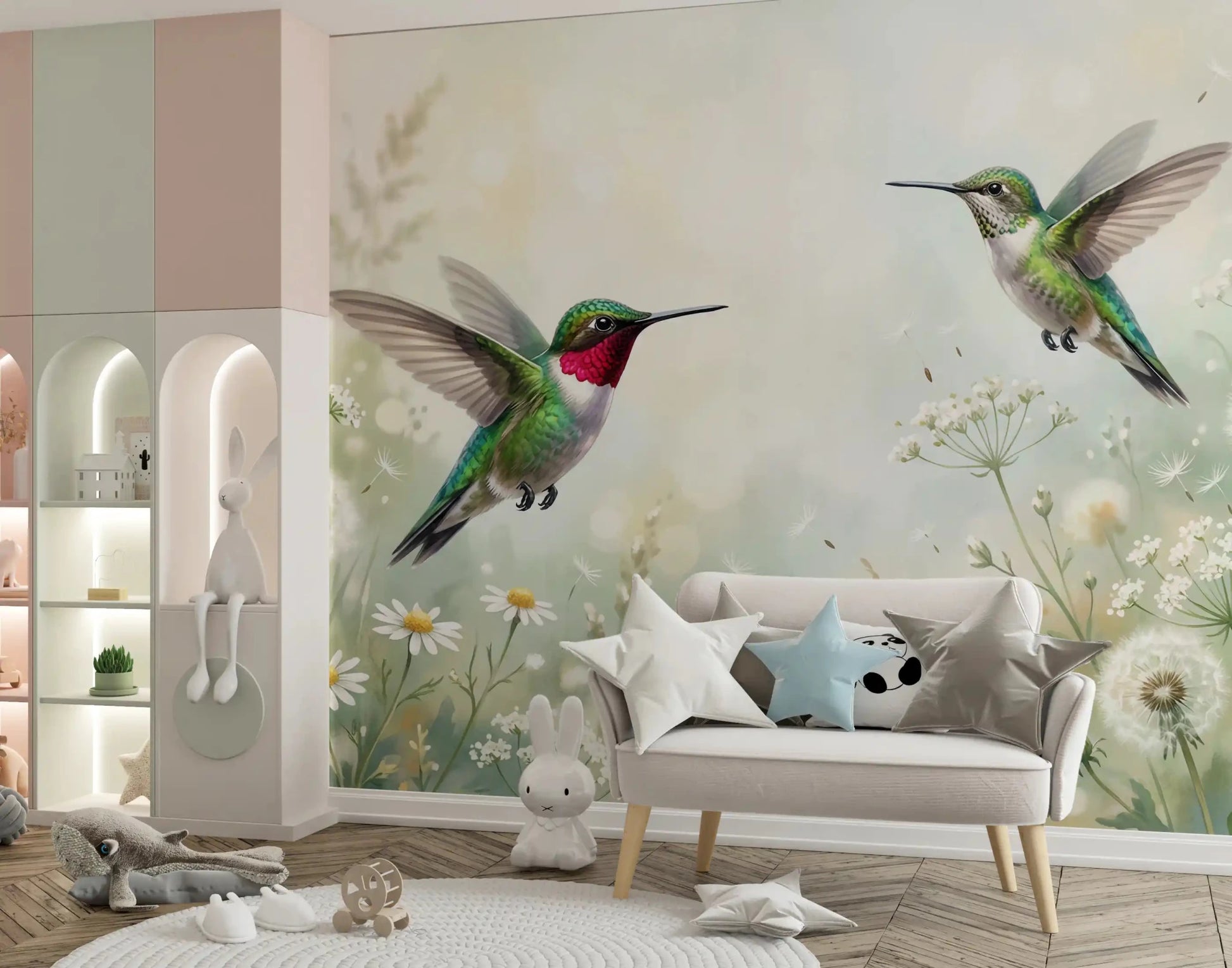 Lush greenery and a flying hummingbird, perfect for a tranquil Kids room wall mural.
