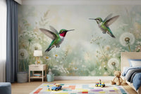 Vibrant hummingbird and wildflowers, bringing nature into a modern playroom with a wall mural.