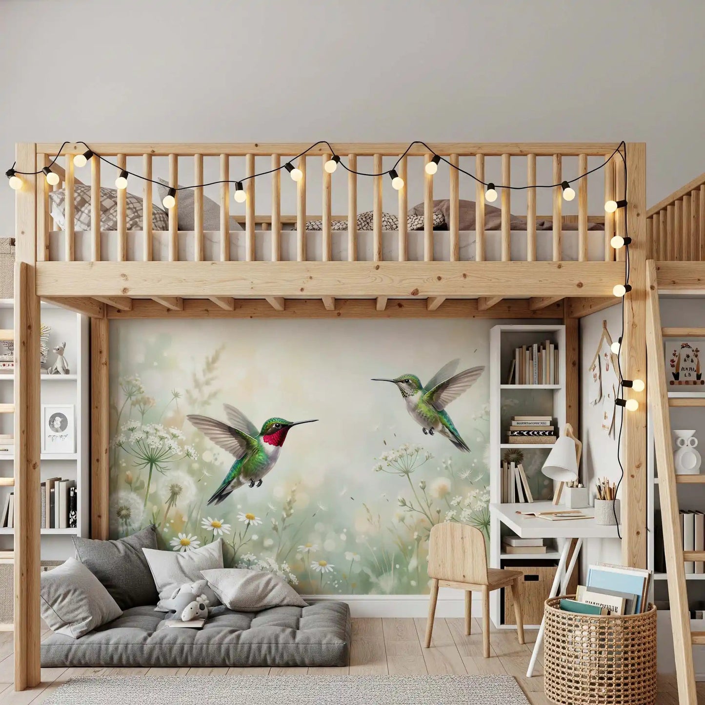 Hummingbird fluttering amidst lush flowers, an enchanting wall mural for your Study room.