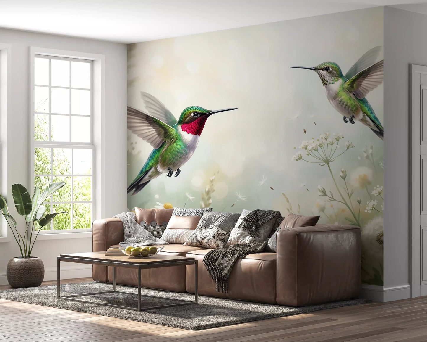 A tranquil scene of a hummingbird near wildflowers, ideal for adding elegance to a Living room wall mural.