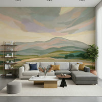Muted Painted Mountainscape mural wallpaper textured artistic vista.