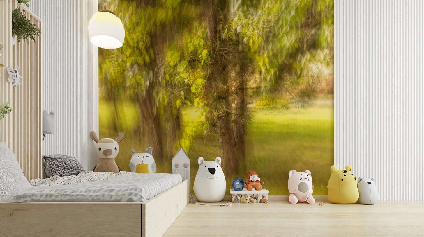 The mural is displayed on a large accent wall in a modern living room.

