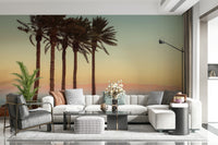 Ochre and blue sunset, Palm Trees on Beach art for interiors.