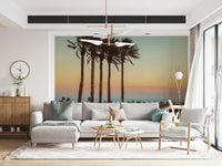 Warm tones landscape, serene view with five trees stately palm trees.