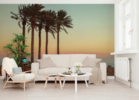 Vacation vibe, exotic Palm Trees on Beach wallpaper for walls surface.