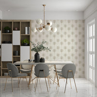 A subtle tropics wallpaper featuring soft beige palm motifs arranged in a minimal repeating pattern.