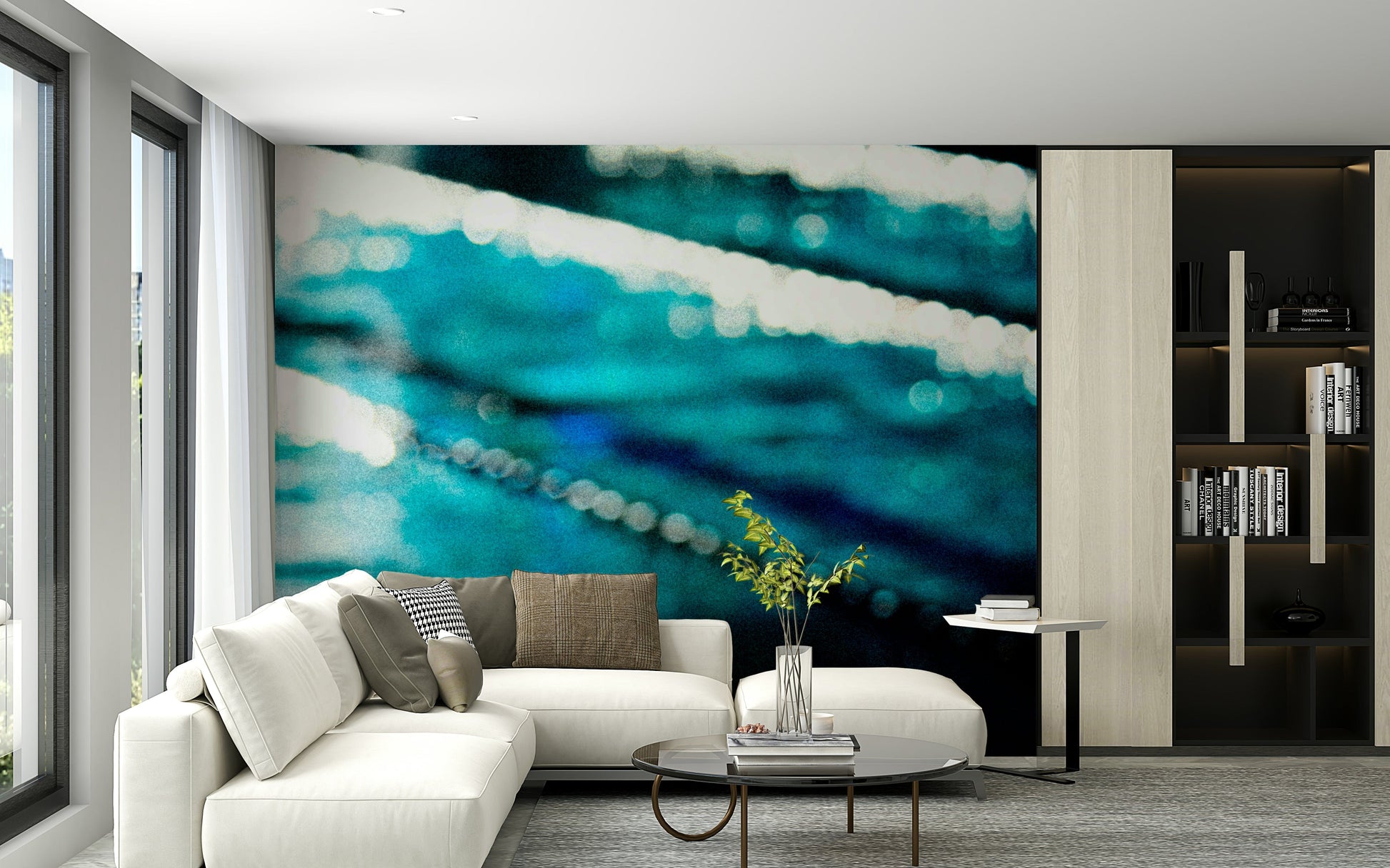 An artistic underwater pool mural on minimalist wallpaper.

