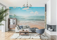 Tranquil blue water Serene, pristine beach ocean wall decor design.