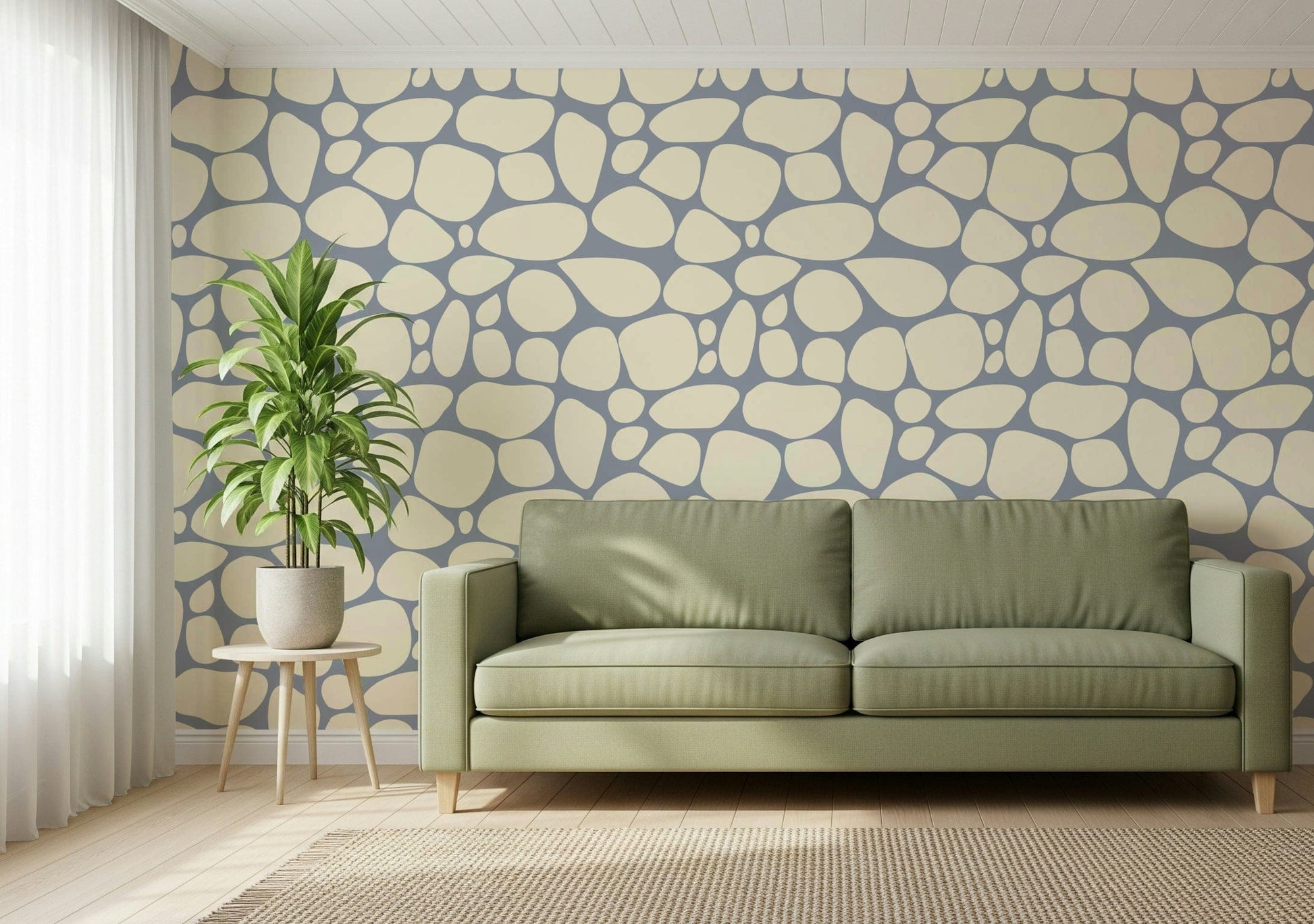 Interlocking River Rocks stone shapes, modern interior backdrop.