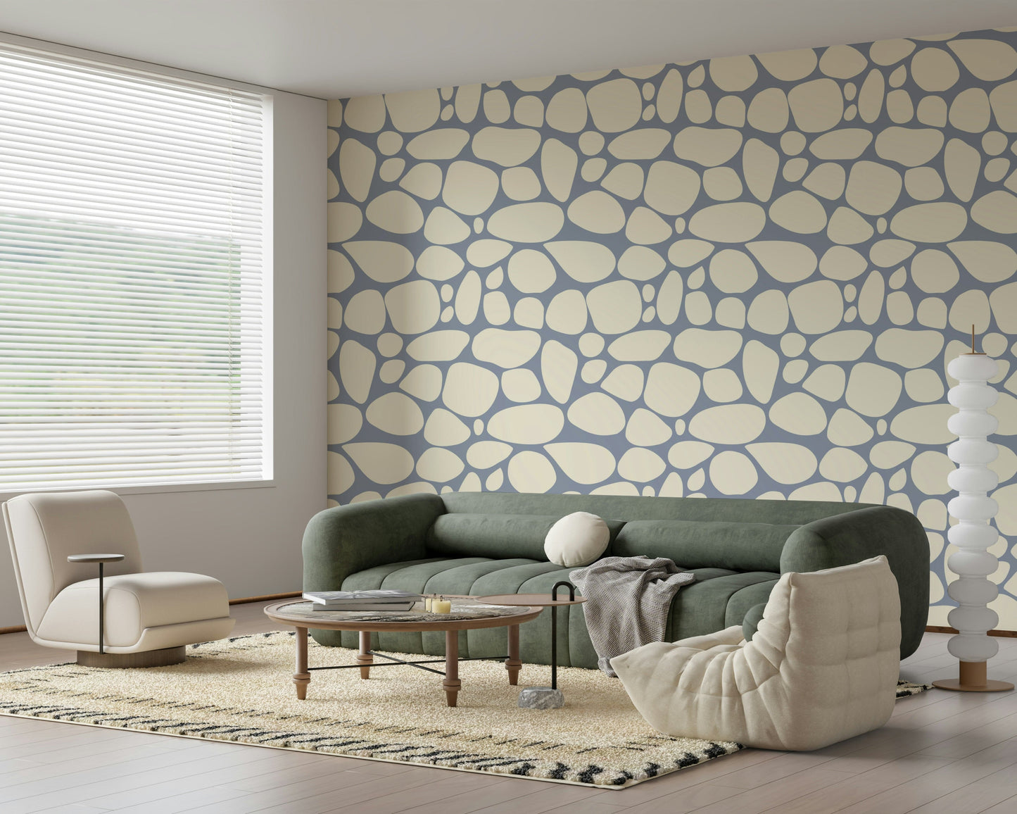 Seamless River Rocks wall mural, smooth organic pebble design.