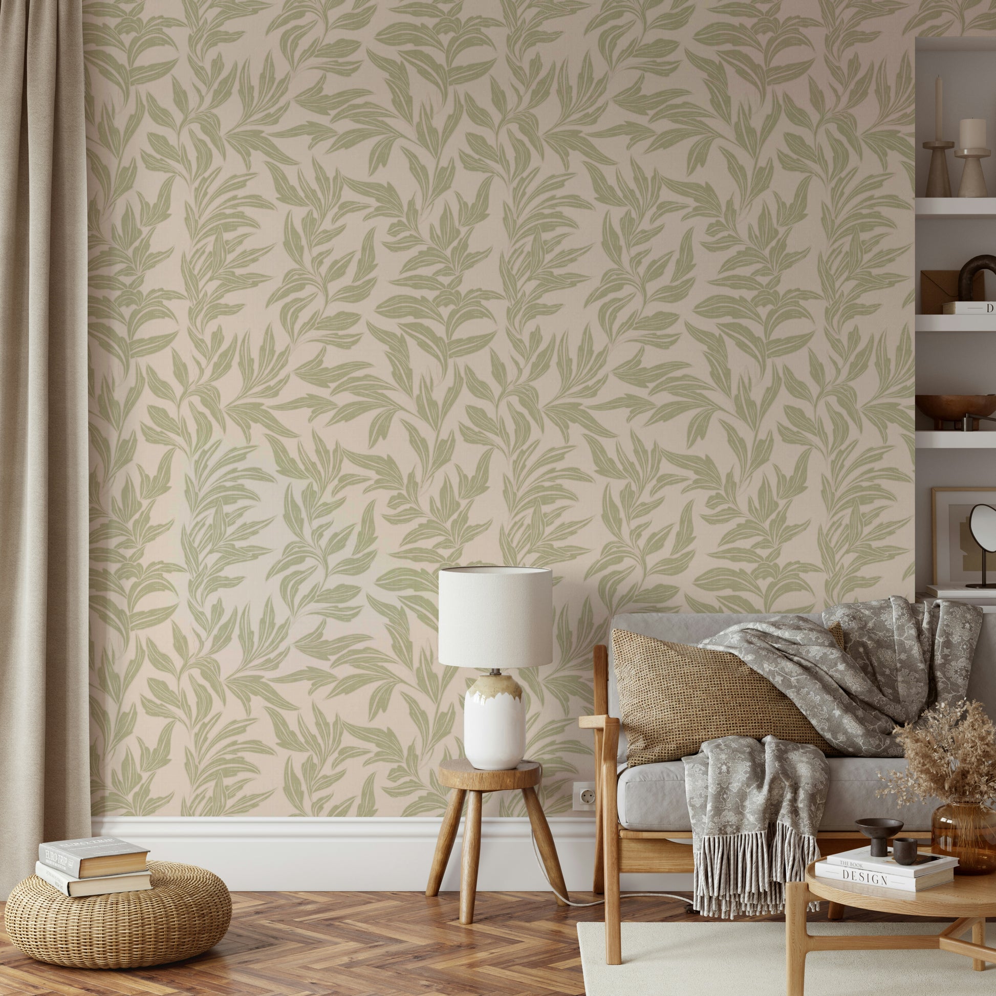 Serene wall design with sage green leaves

