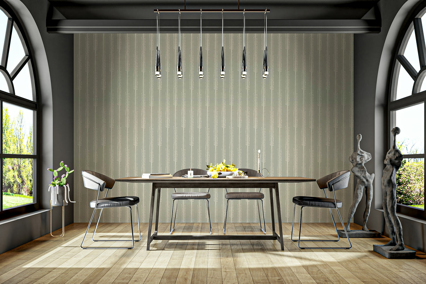Calm wallpaper design with sage green striping

