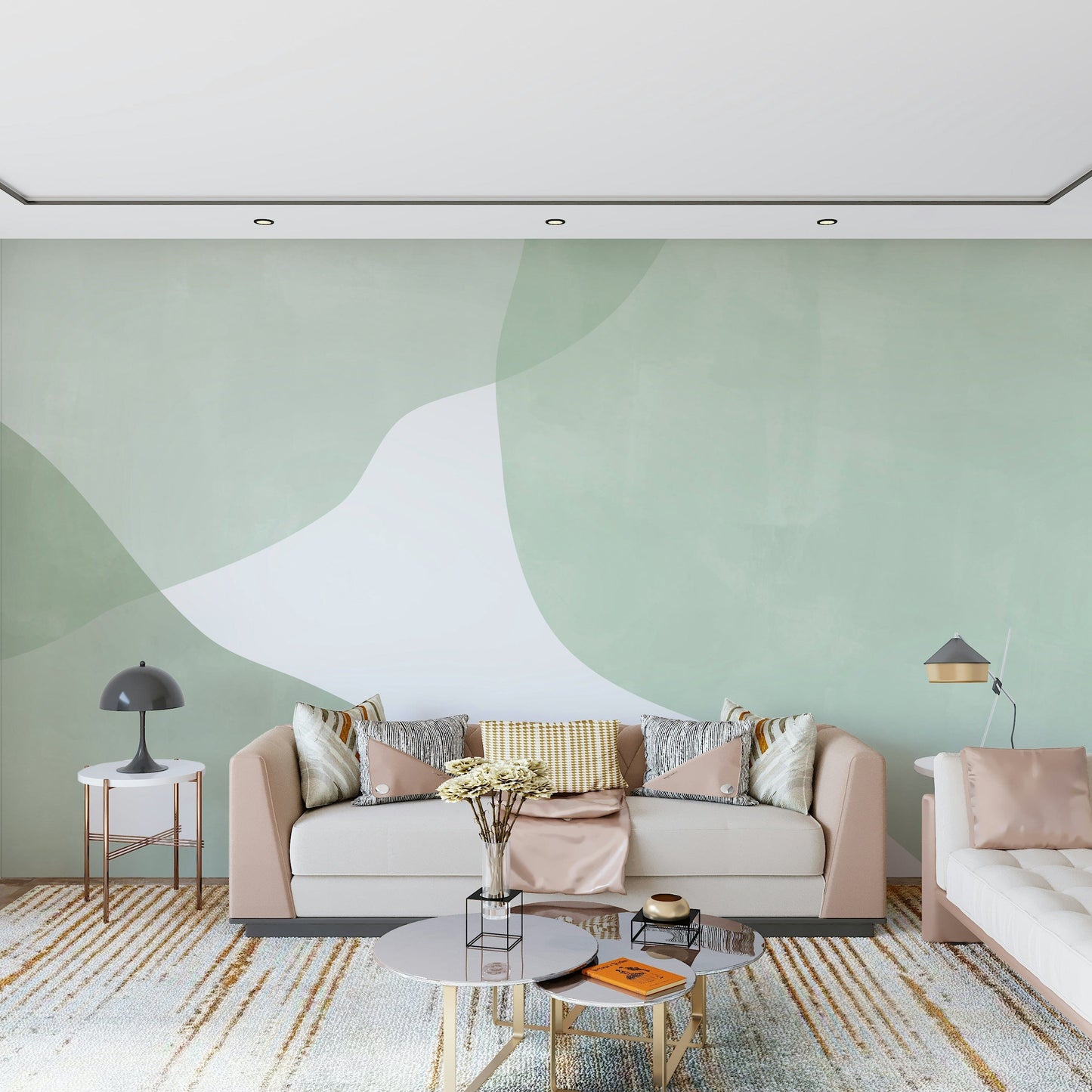 A calming abstract design wallpaper mural that defines a space.