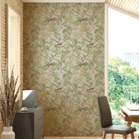 Timeless botanical wallpaper with soft florals and lush plants.

