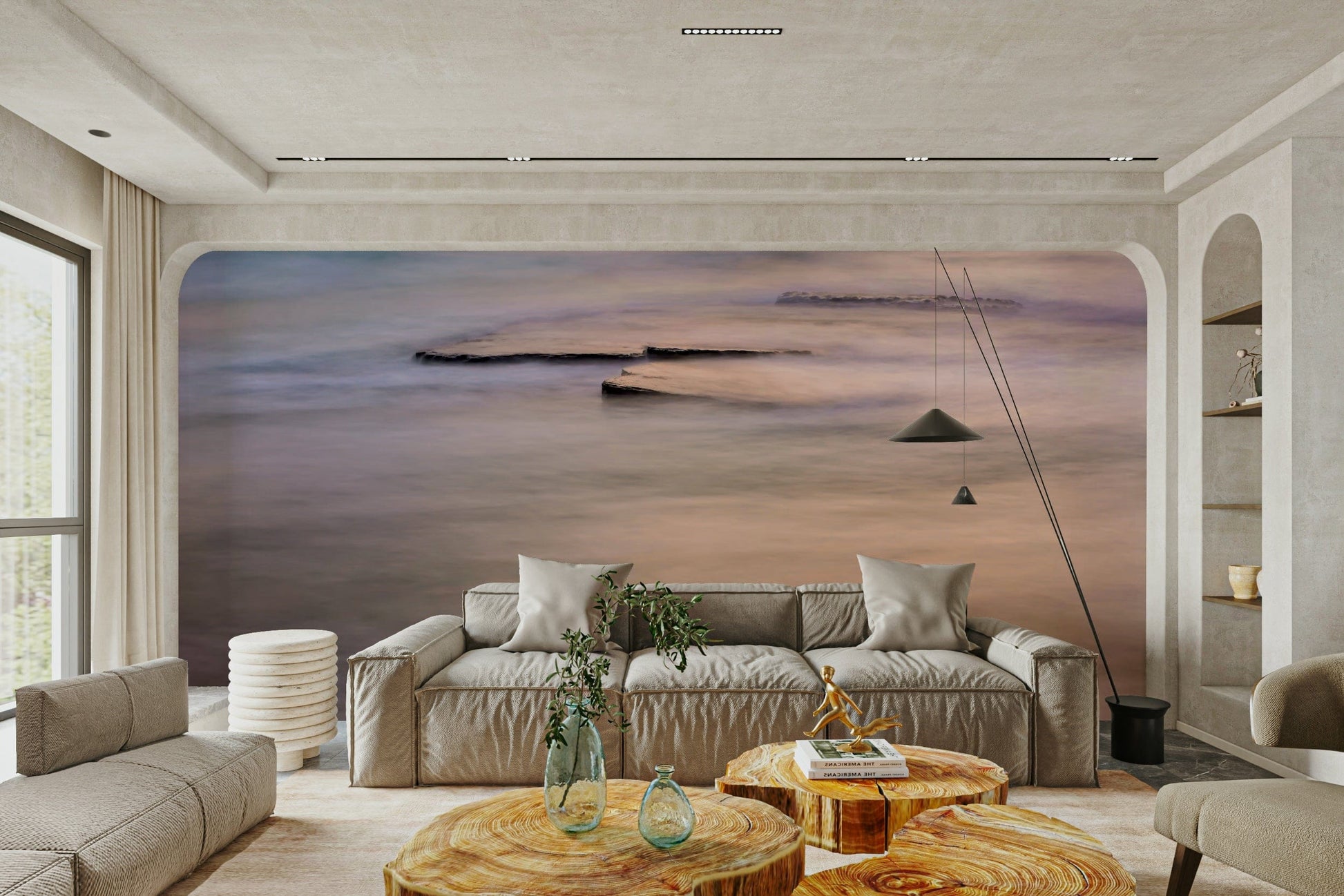 A peaceful coastal vista mural on decorative wallpaper.

