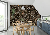 Beautiful botanical mural featuring songbirds singing in a tranquil garden