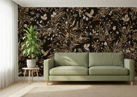 Tranquil mural with colorful songbirds resting among soft botanical blooms