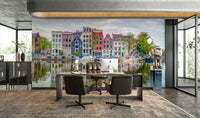 Amsterdam canal mural with colorful houses and boats

