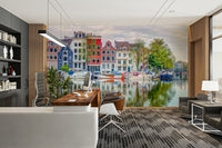Colorful Amsterdam buildings and boats mural

