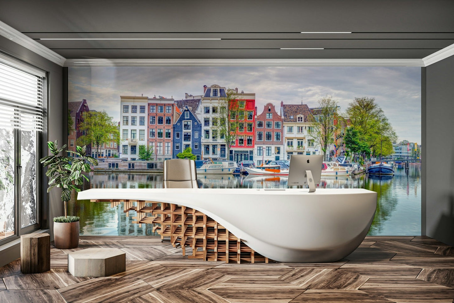 Dutch architecture mural with mirrored canal view

