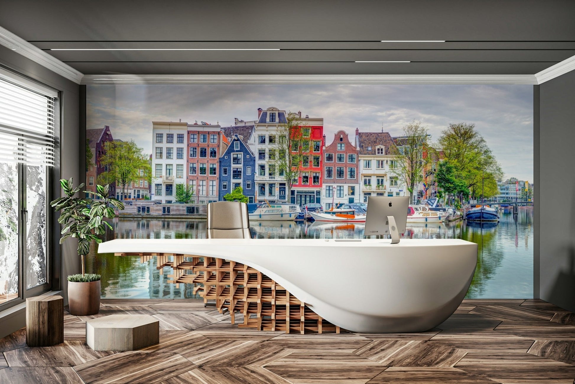 Dutch architecture mural with mirrored canal view


