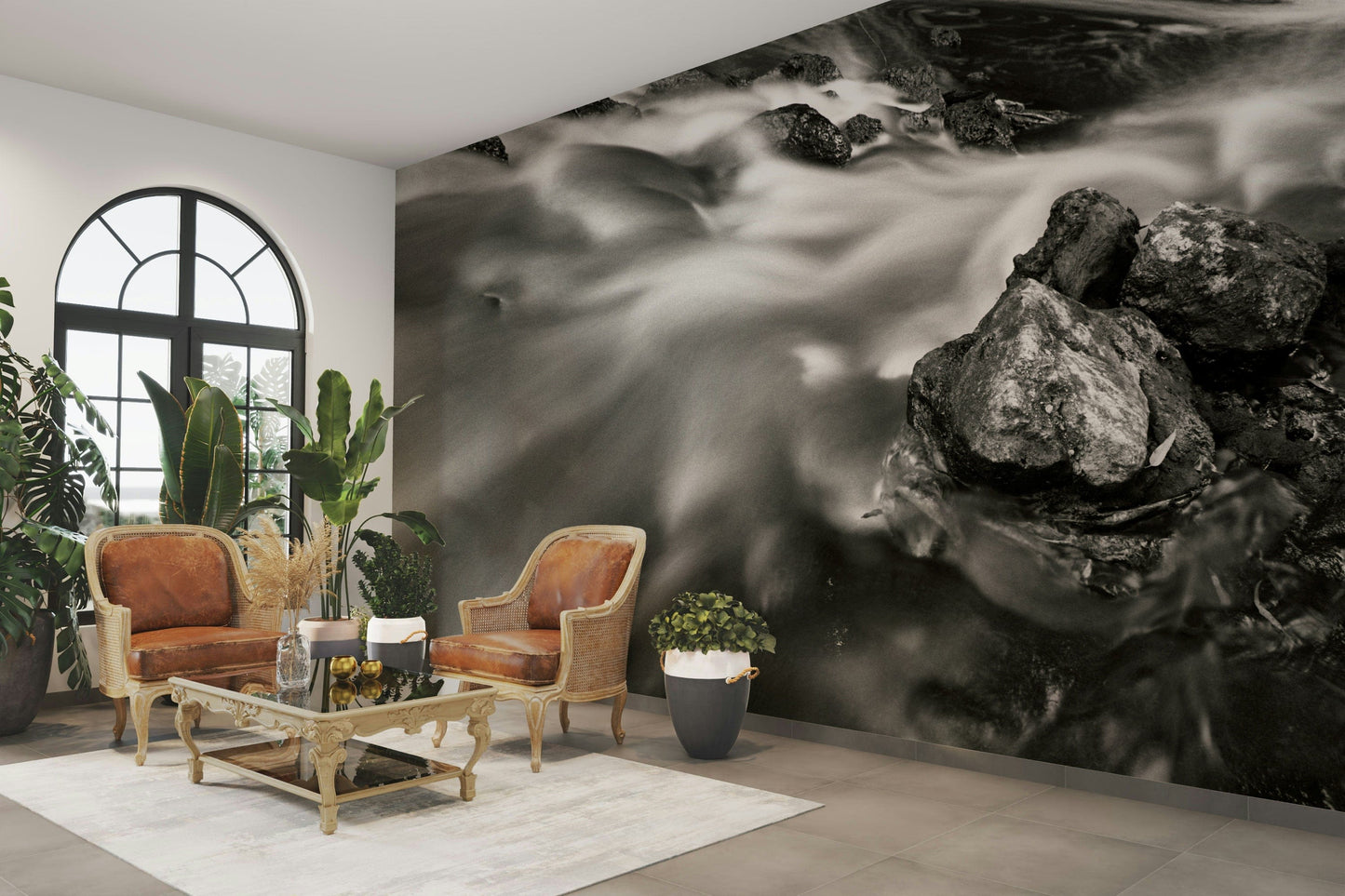 A calming water movement wallpaper mural that defines a space.

