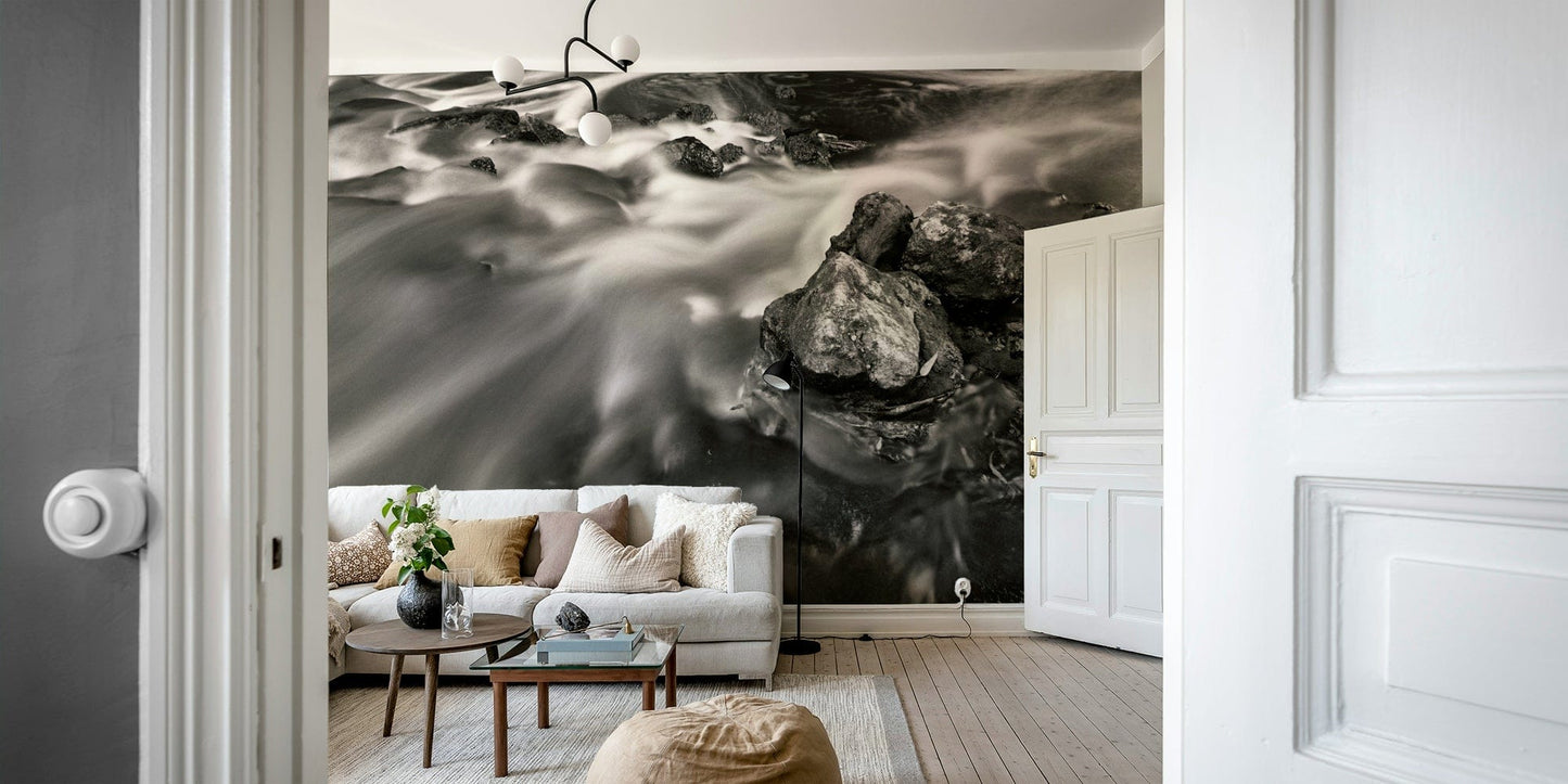 A graceful subtle water wall mural in cool, natural tones.

