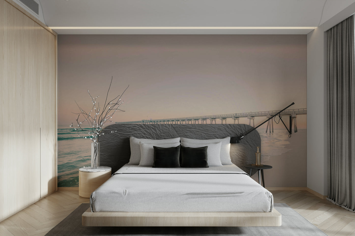 Ocean view wall mural with golden sunset tones

