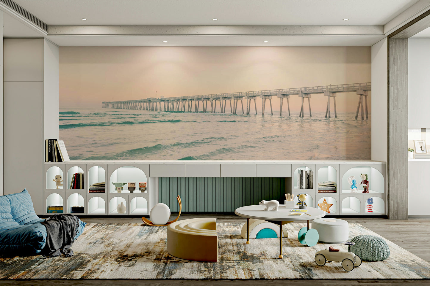 Peaceful pier wallpaper with sunset colors

