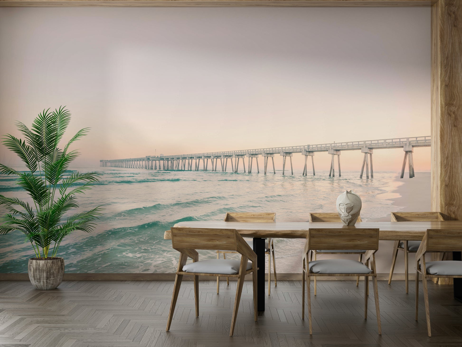 Sunset over the ocean mural with tranquil pier

