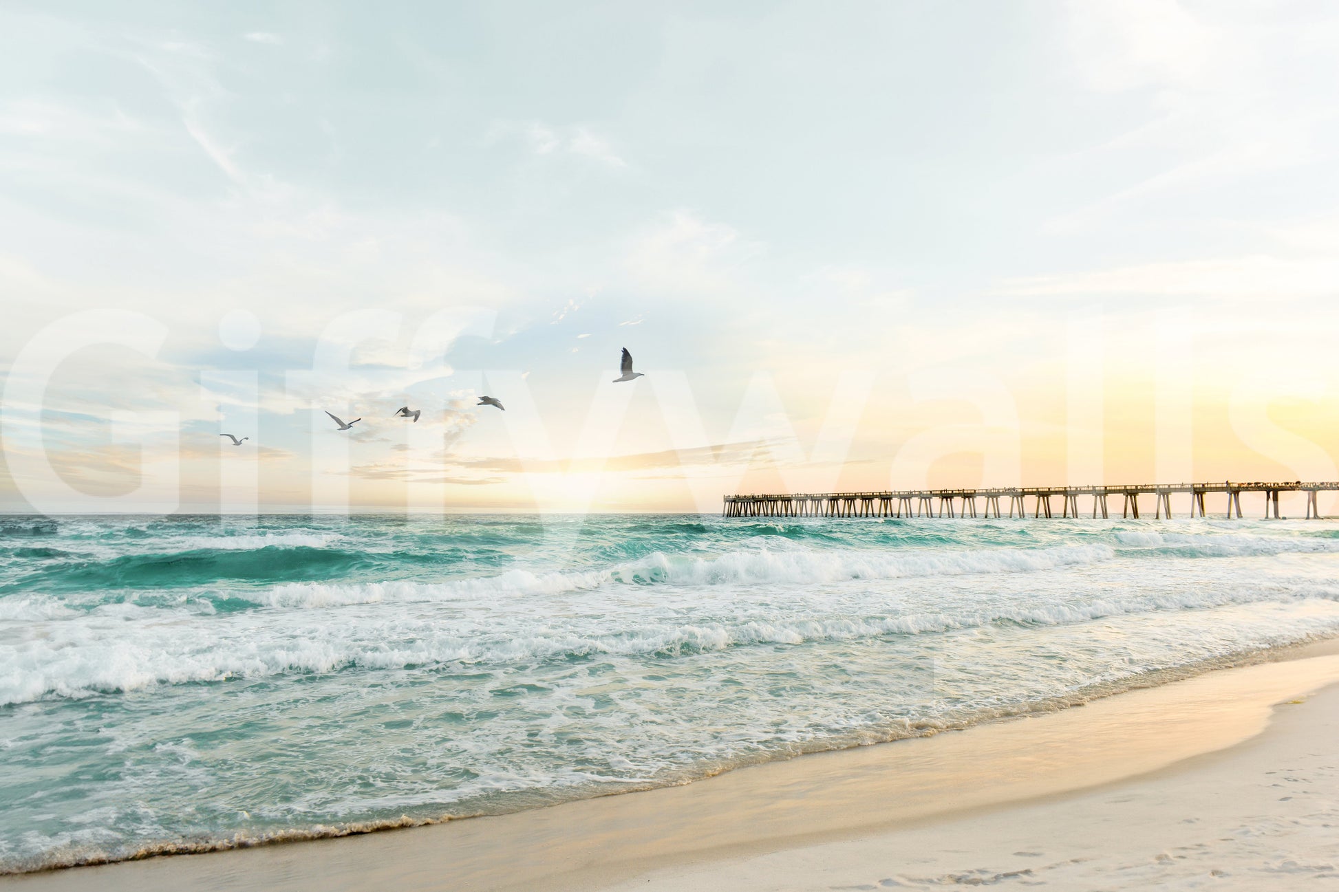 Sunset seascape design in Serene Sunset mural for tranquil decor.


