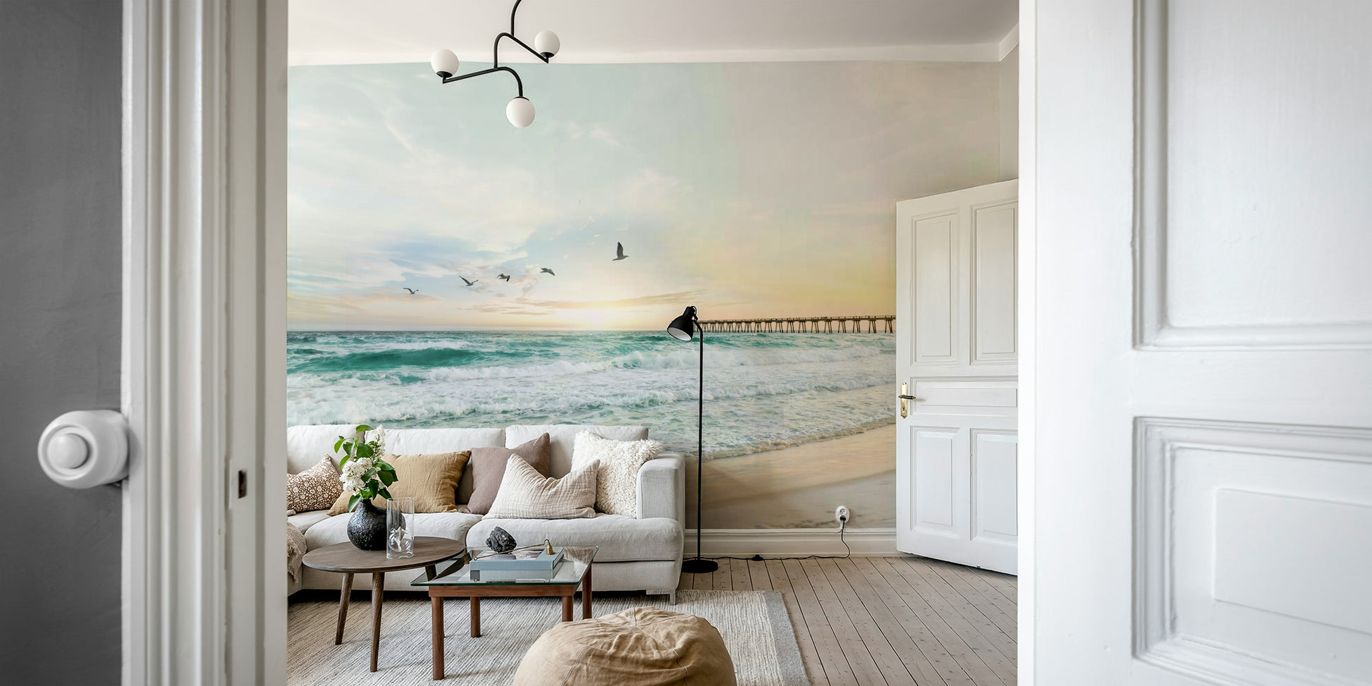 Tranquil Serene Sunset Seascape wall mural for a peaceful atmosphere.


