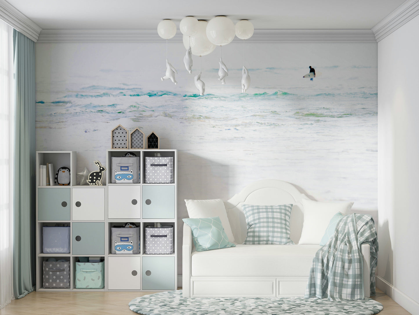 A calming water movement wallpaper mural that defines a space.

