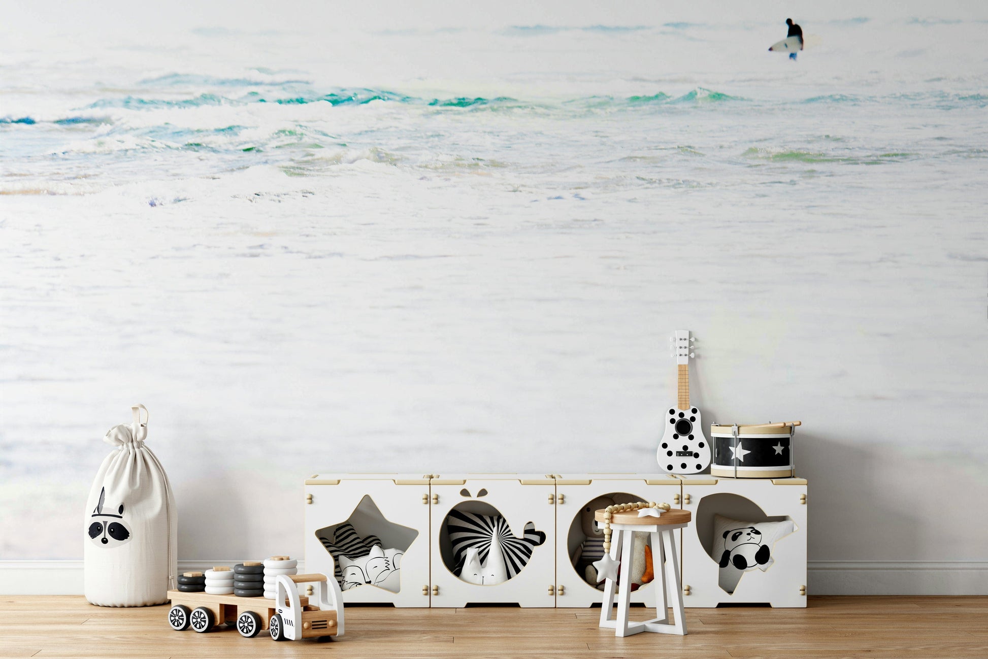 A peaceful surf scene mural on decorative wallpaper.

