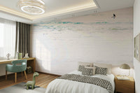 A graceful subtle ocean wall mural in cool, natural tones.

