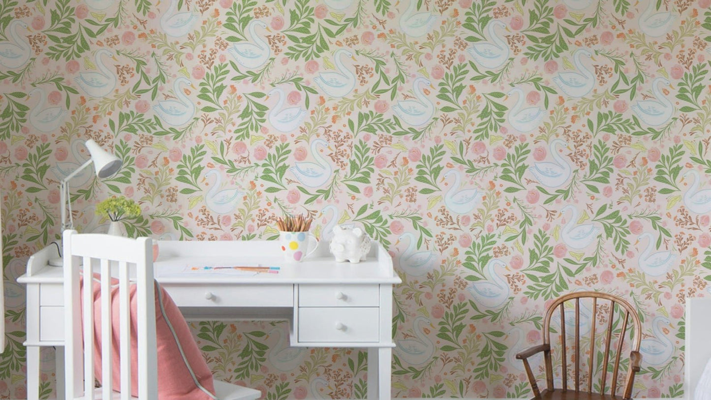 The image shows elegant swans gliding on water.

