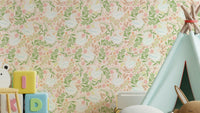 A wallpaper design with swans and floral patterns.

