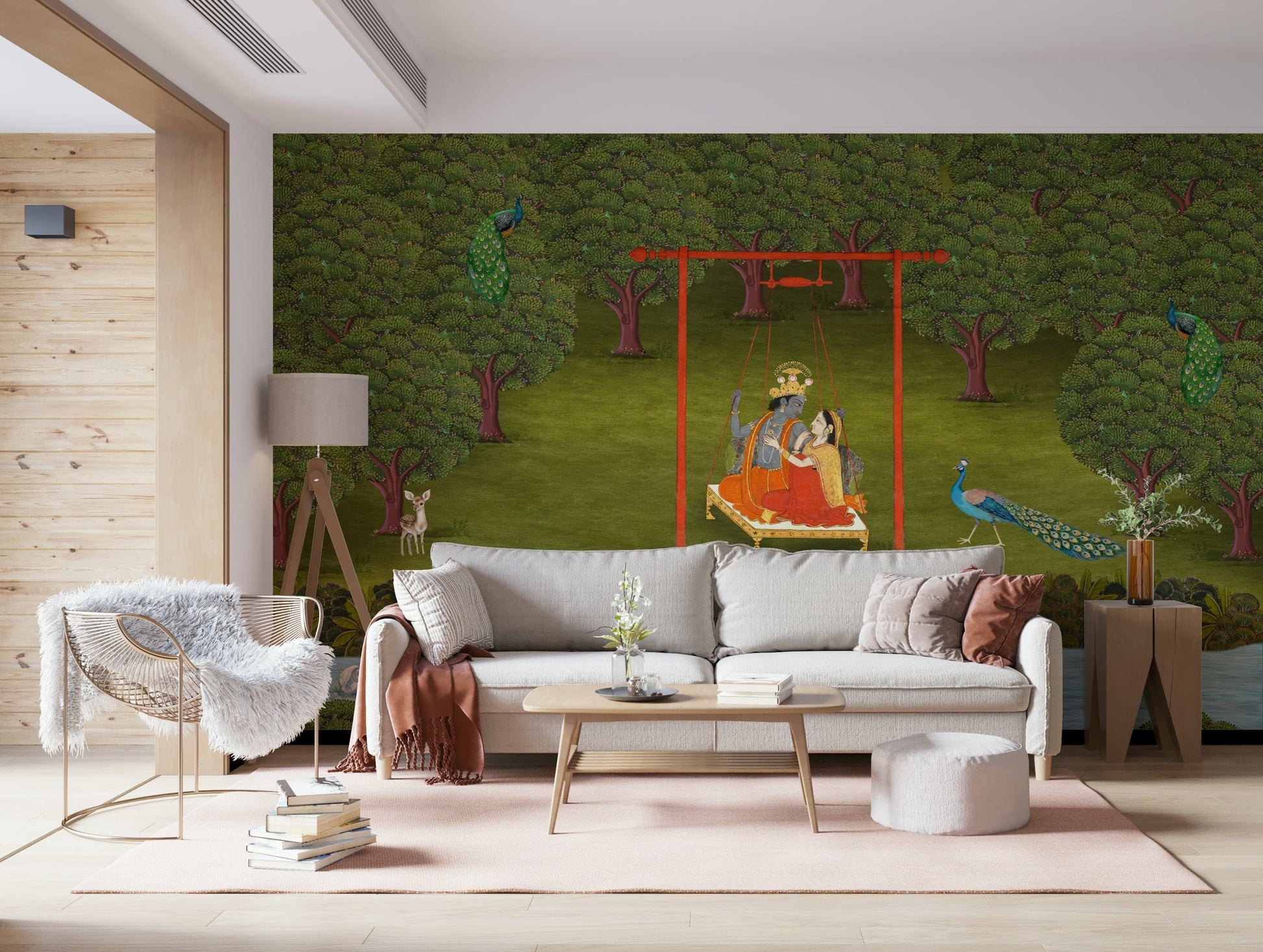 Divine Swing Serenity Wall Mural featuring a peaceful garden scene in a modern living room.