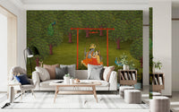 Large scale scenic wall mural with a dreamlike swing for a primary suite.